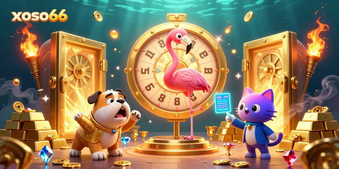 xoso66 reveals exciting prizes with a game show host flamingo and a joyful bulldog contestant.