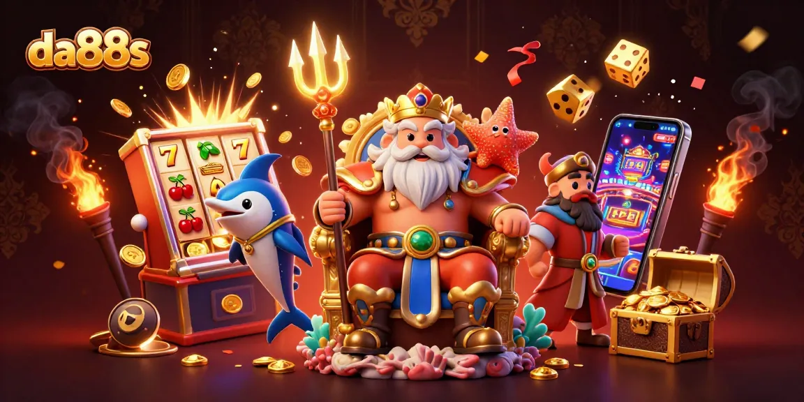 Experience the thrilling da88s casino world with Neptune and his lively companions amidst a jackpot celebration.