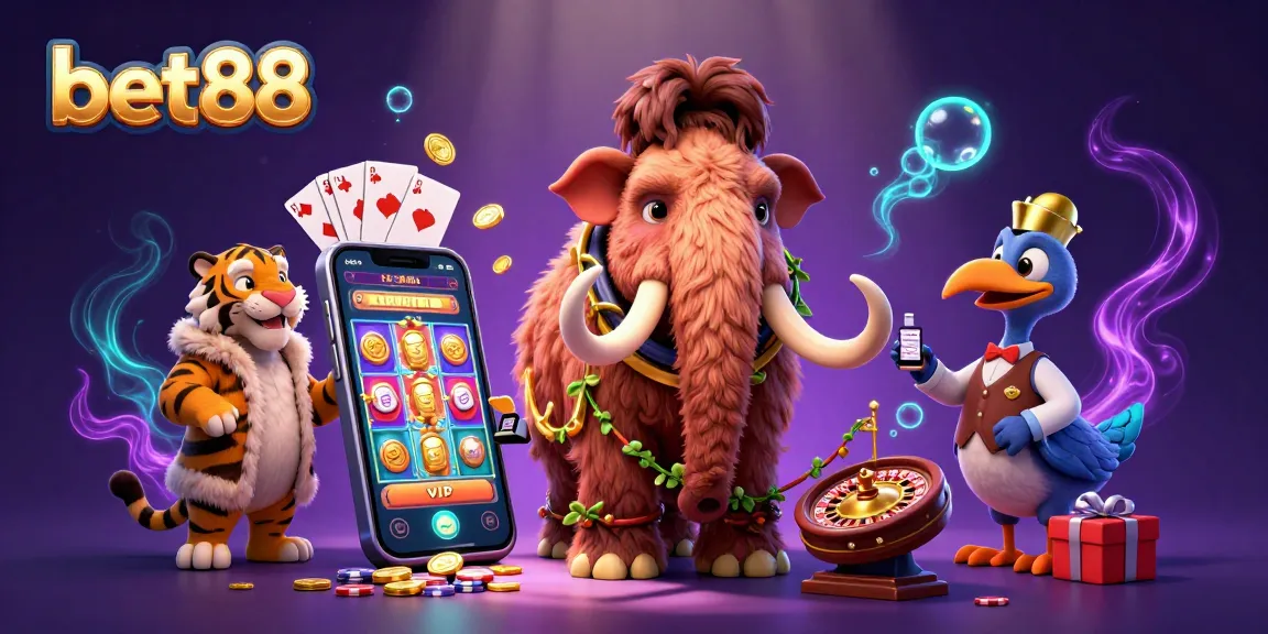 Experience the excitement of bet88 with a vibrant casino scene showcasing a woolly mammoth bouncer, saber-tooth tiger VIP, and a dodo bird doorman.