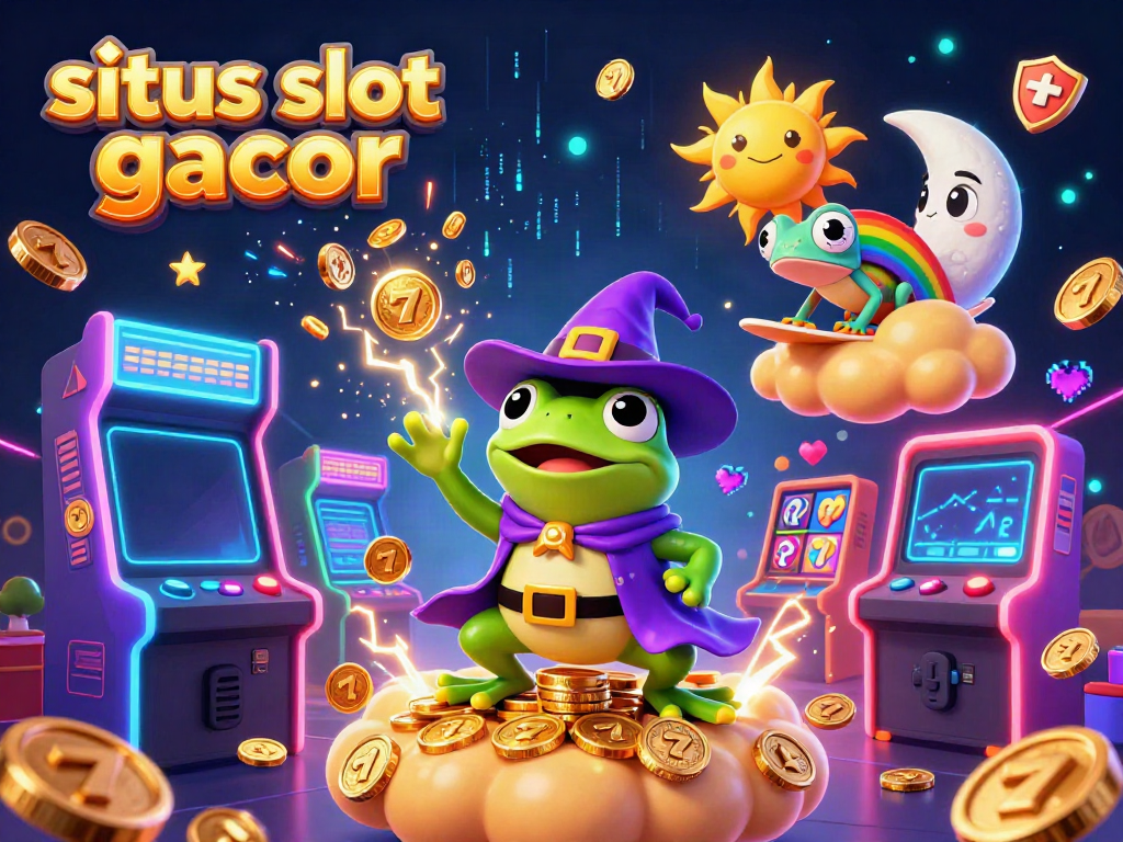 Engage with situs slot gacor, featuring a whimsical 3D frog wizard creating a coin storm, perfect for casino enthusiasts.