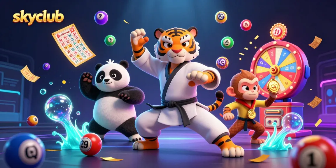 Engage in exciting games with skyclub's vibrant 3D scene featuring a kung fu tiger and friends.