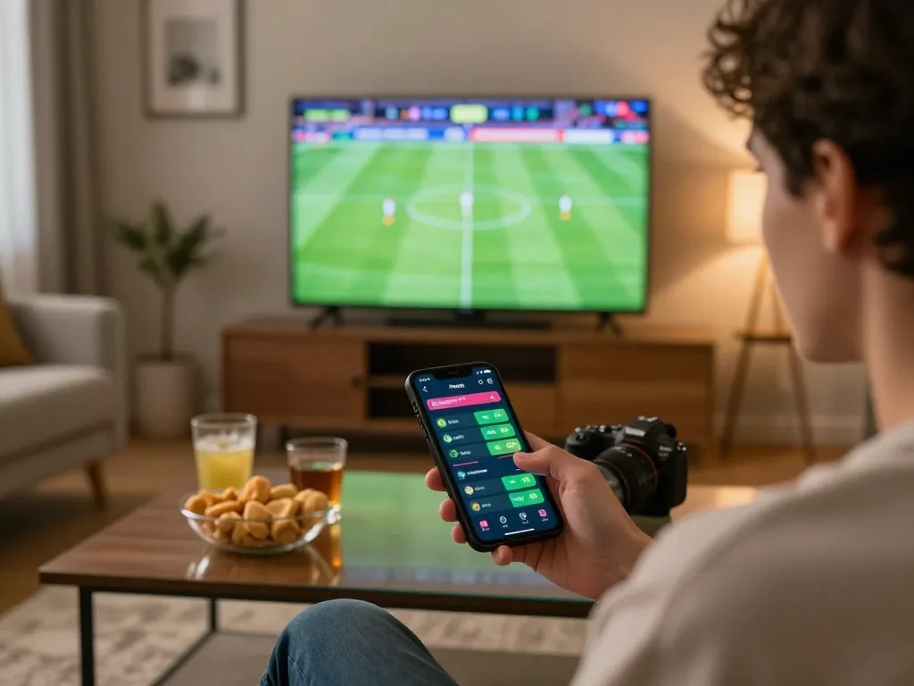 Sports bettor using the bong88v app on a smartphone while watching a live football match.