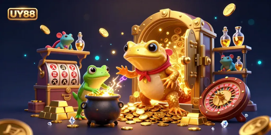 Experience UY88's gambling magic with a golden salamander and bubbling cauldron in a 3D casino scene.