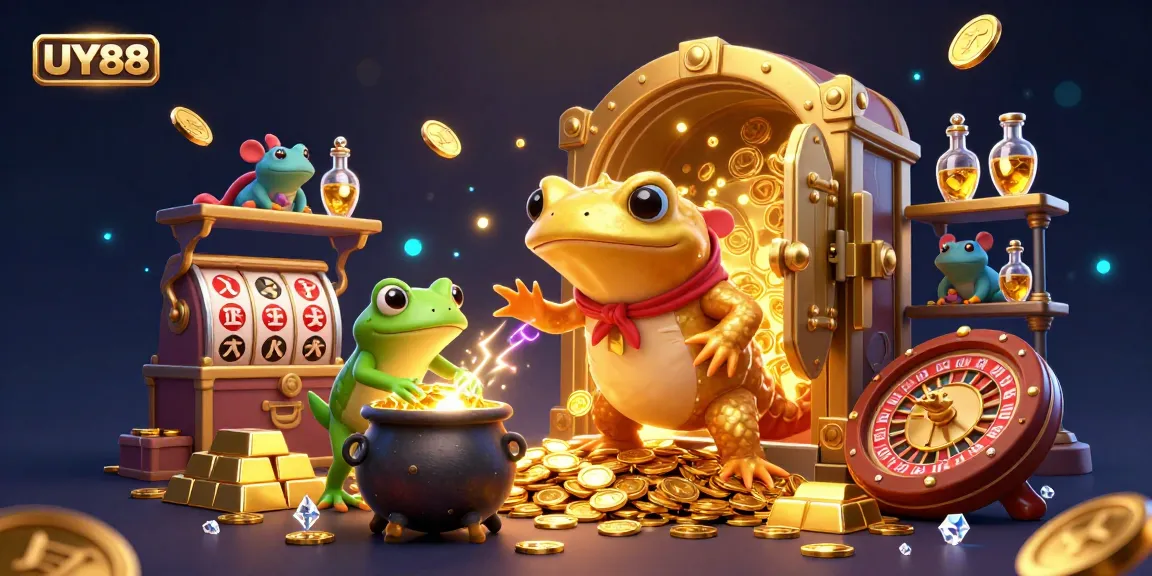 Experience UY88's gambling magic with a golden salamander and bubbling cauldron in a 3D casino scene.