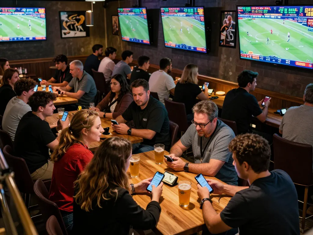 Soi keo analysis in action at a lively sports betting bar, patrons engaging with betting apps and live game displays.