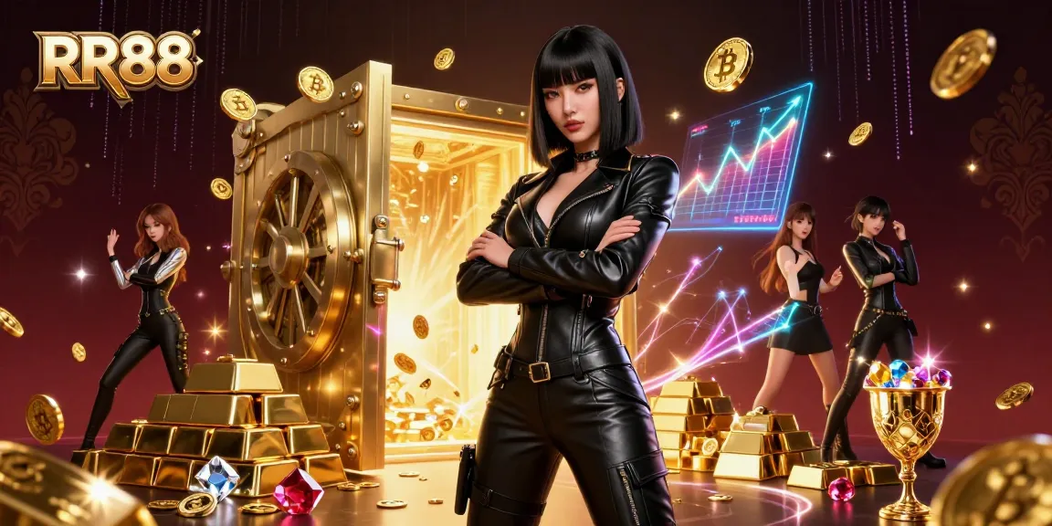 Engage with RR88's thrilling gaming experience featuring vibrant elements and a striking Asian character.