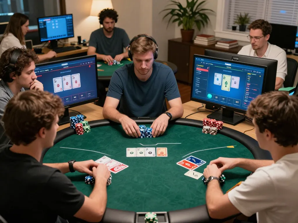 Người chơi LUCK8 đang xây dựng chiến lược trong một trò chơi poker trực tuyến, thể hiện lối chơi hấp dẫn và không gian ấm cúng tại nhà