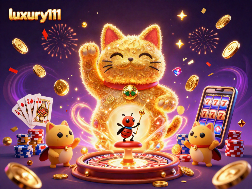 Experience the joy of winning with luxury111 as a lucky cat shaped by golden fireflies amidst casino elements.