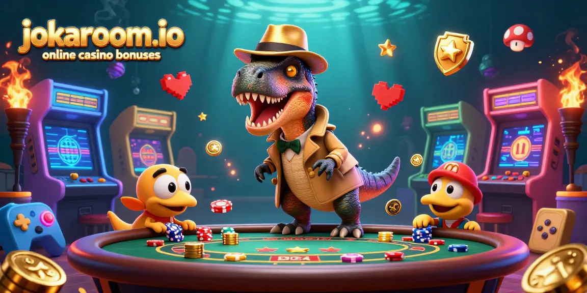 Experience jokaroom.io online casino bonuses with a 3D cartoon velociraptor at a blackjack table