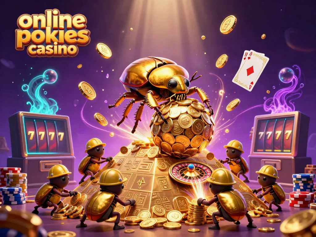 Roll golden coins with the online pokies casino and beetles aiding in a glamorous pyramid scene.