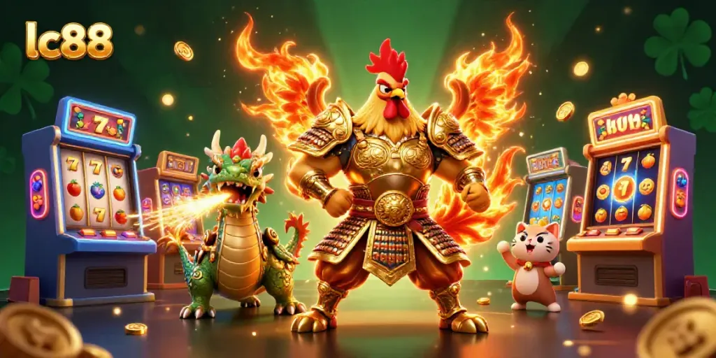 Experience the thrill of lc88 with a dynamic casino scene featuring a fierce rooster warrior and a dragon hatchling.
