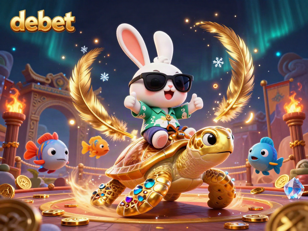 Experience the thrill at Debet with a lucky rabbit and golden turtle in an immersive gaming scene.