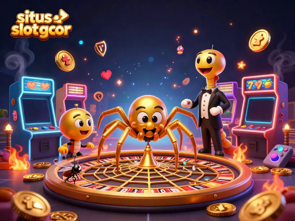 Engage with situs slot gacor as a golden spider spins a roulette wheel web in this vibrant casino scene.