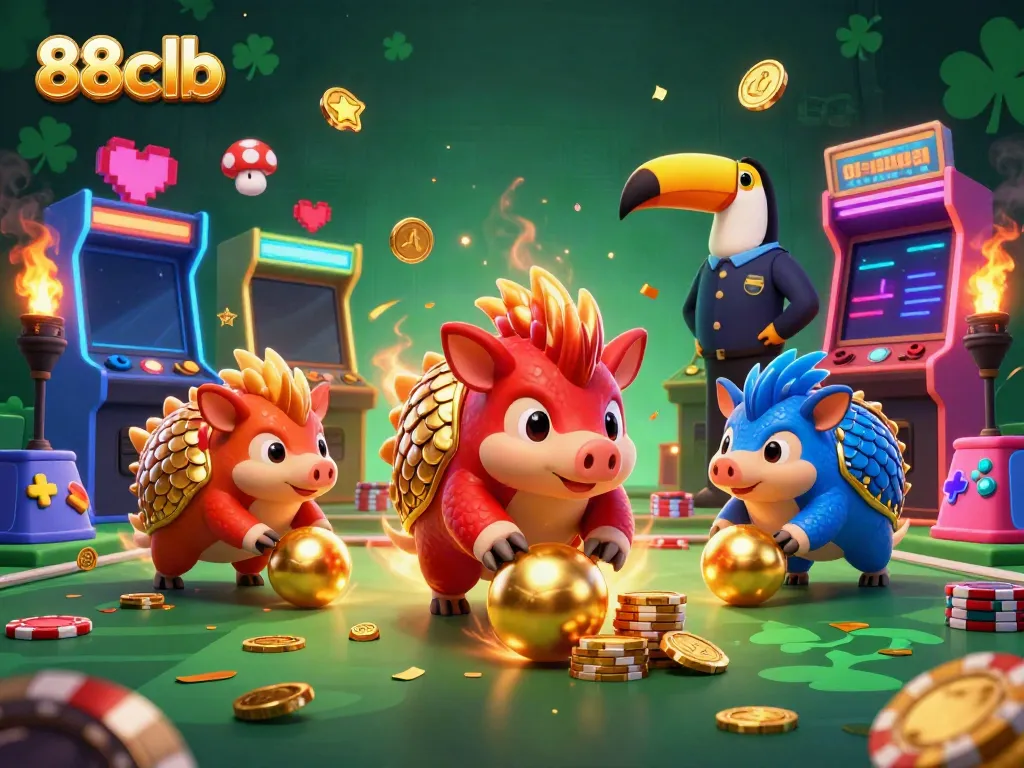88clb pangolins competing in a casino-themed game with vibrant visuals and golden scales, showcasing excitement.