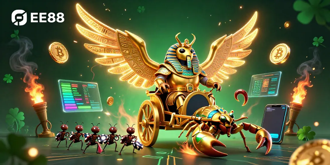 Experience the thrilling EE88 gaming adventure with a majestic golden scarab and vibrant casino elements.
