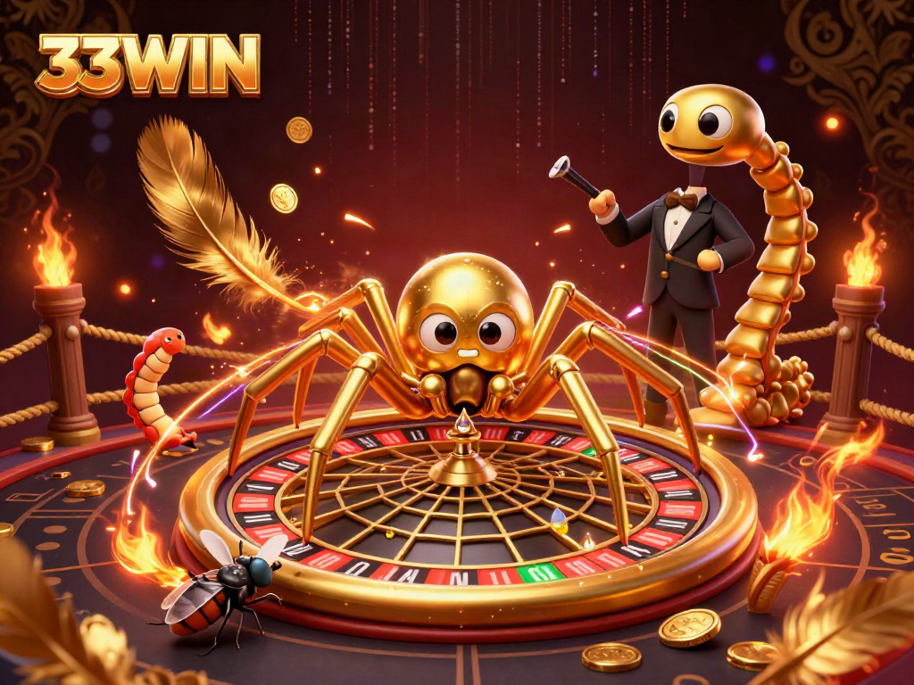 Engage with 33WIN's thrilling roulette game through an intricate illustration of a golden spider and croupier duo.