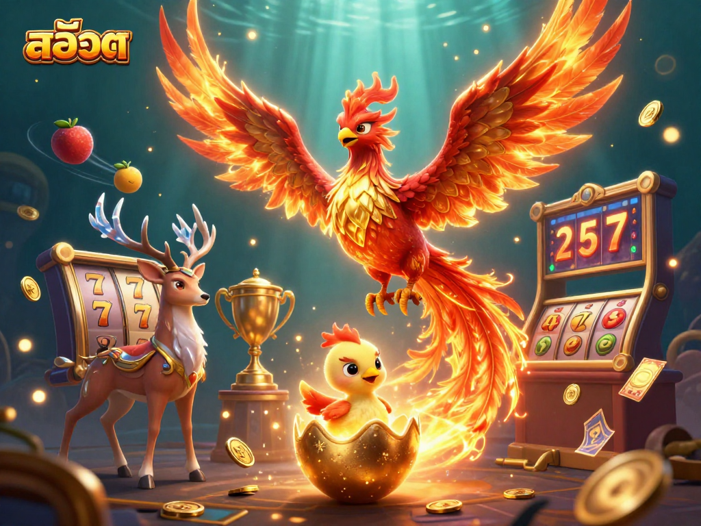Engage with สล็อต elements in this dynamic 3D illustration featuring phoenix and game symbols.