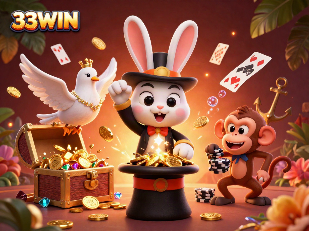 Experience the magic of 33WIN with a vibrant 3D illustration of a magician rabbit, coins, and poker chips.