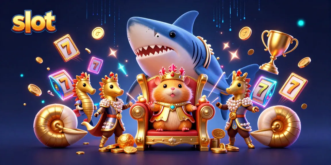 Spin the slot reels alongside a tiny golden hamster king amid vibrant casino elements.