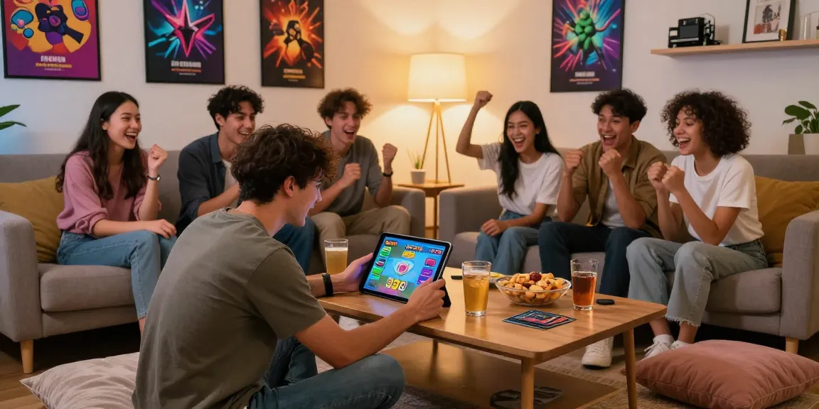 Penggemar bermain game kartu 68gb dengan teman-teman di ruang tamu modern yang nyaman.