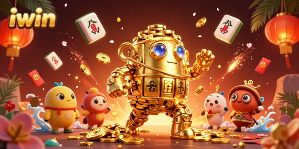 Engage with iwin's vibrant gaming scene, featuring an animated golden golem and festive casino elements.
