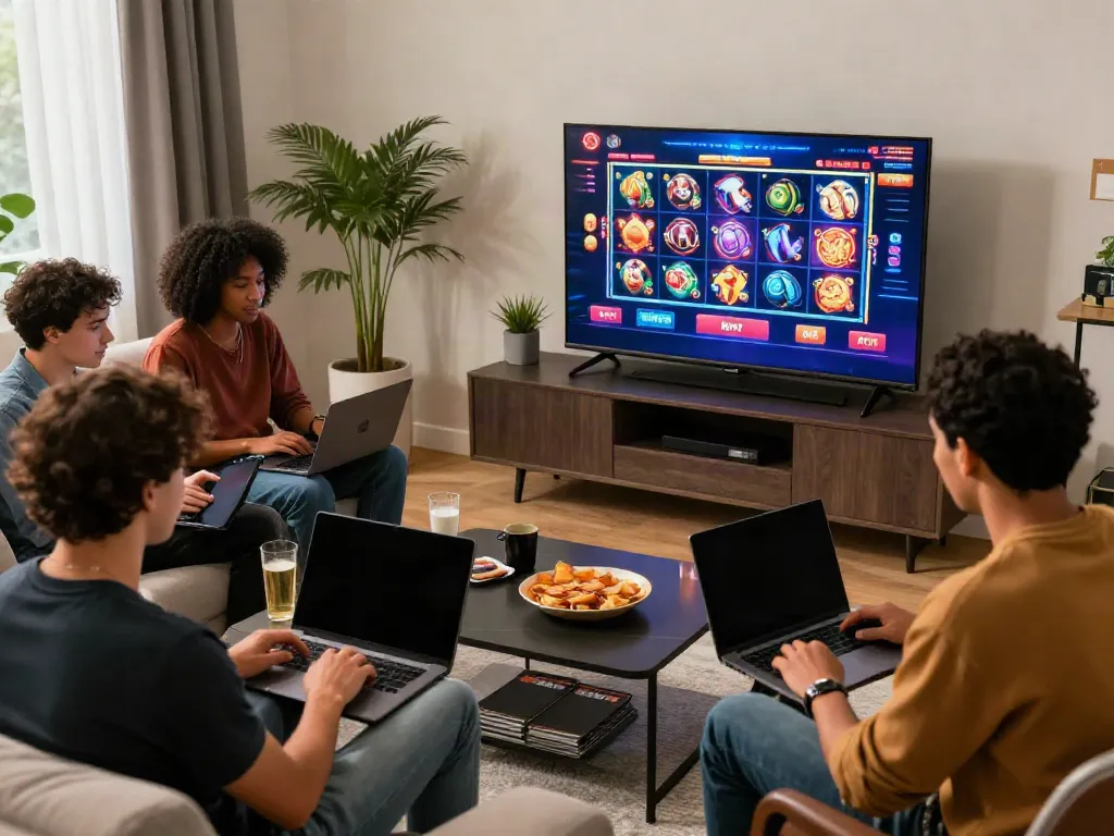 Friends enjoying mastercard casinos in a cozy living room with gaming laptops.