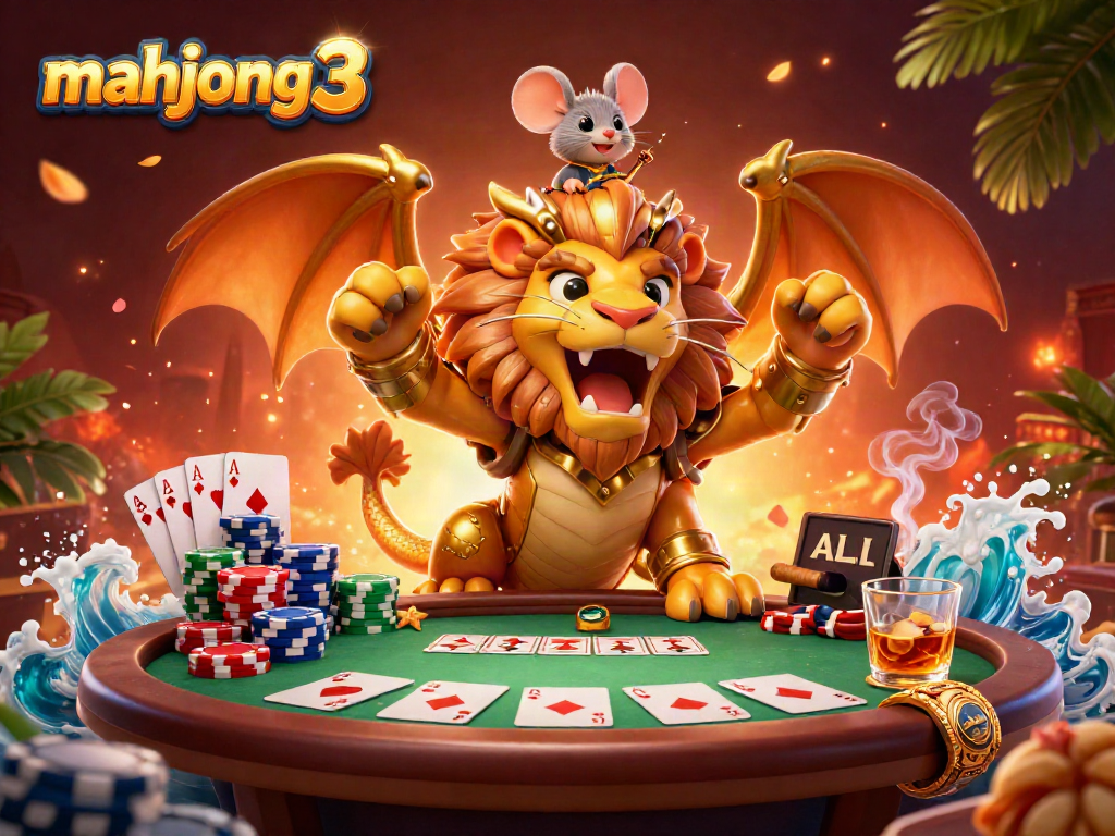 Experience mahjong 3 excitement with this dynamic casino scene featuring a chimera and poker elements.