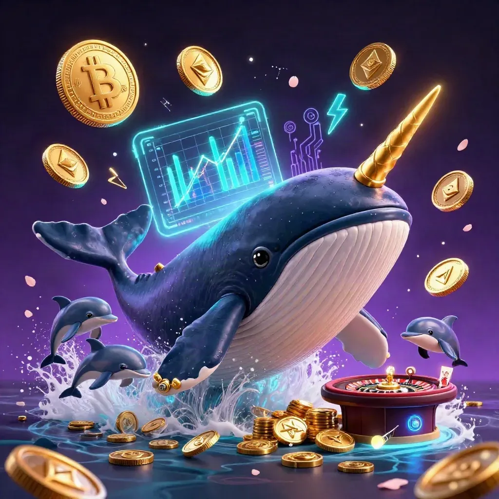 Whale captain, narwhal and dolphins burst from coins amid neon crypto casino magic.