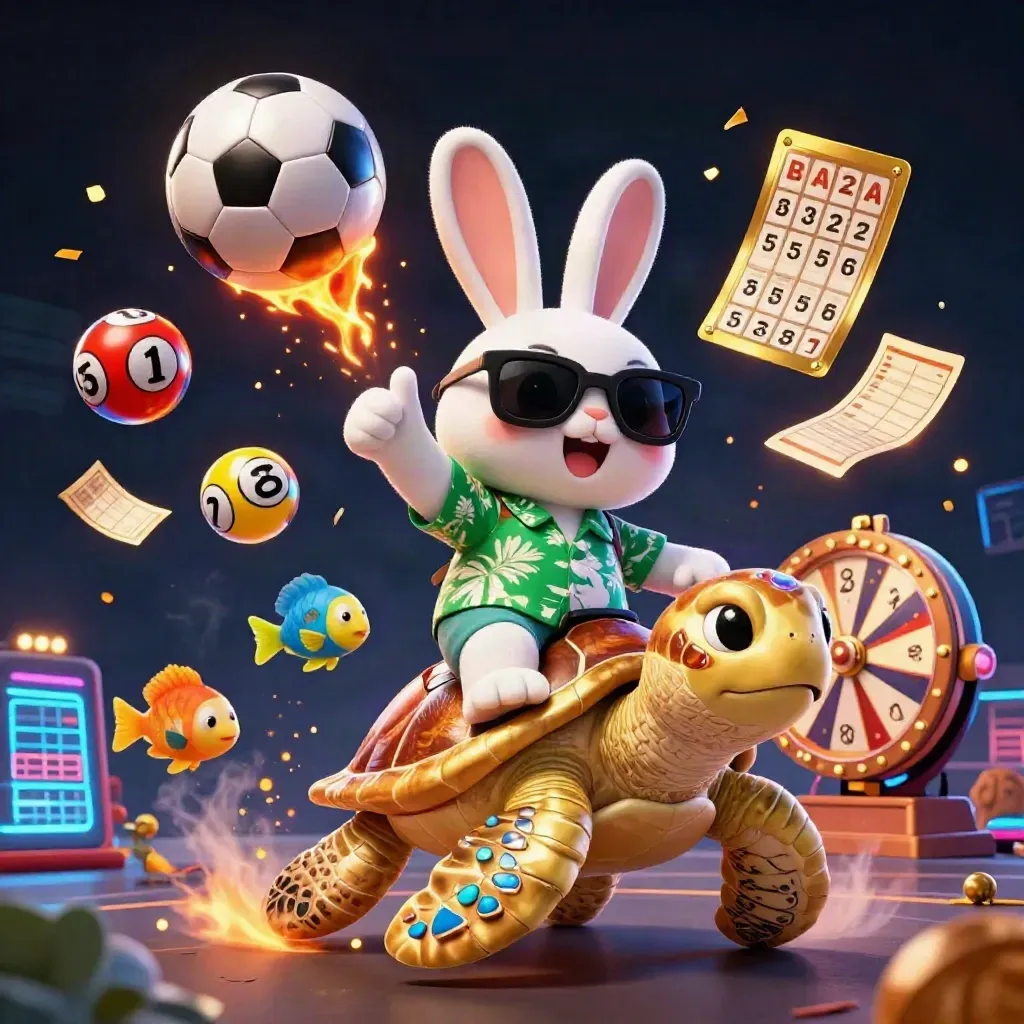 Lucky rabbit on golden turtle amid casino sports props and neon particles.