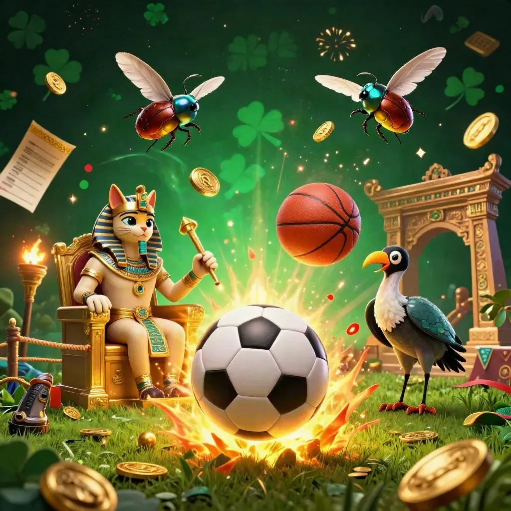 Pharaoh cat, ibis scribe, and gem scarabs amid soccer and basketball chaos