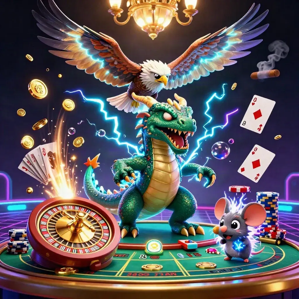 Thunder dragon, wind hawk, and static mouse amid coins, gems, roulette, and neon casino lights.