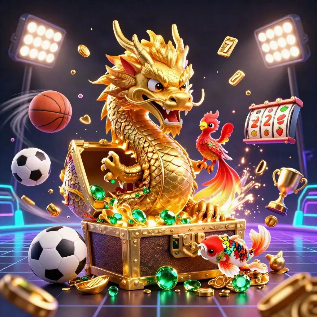 Golden dragon, phoenix and koi amid casino, sports and gem bursts in neon emerald light.