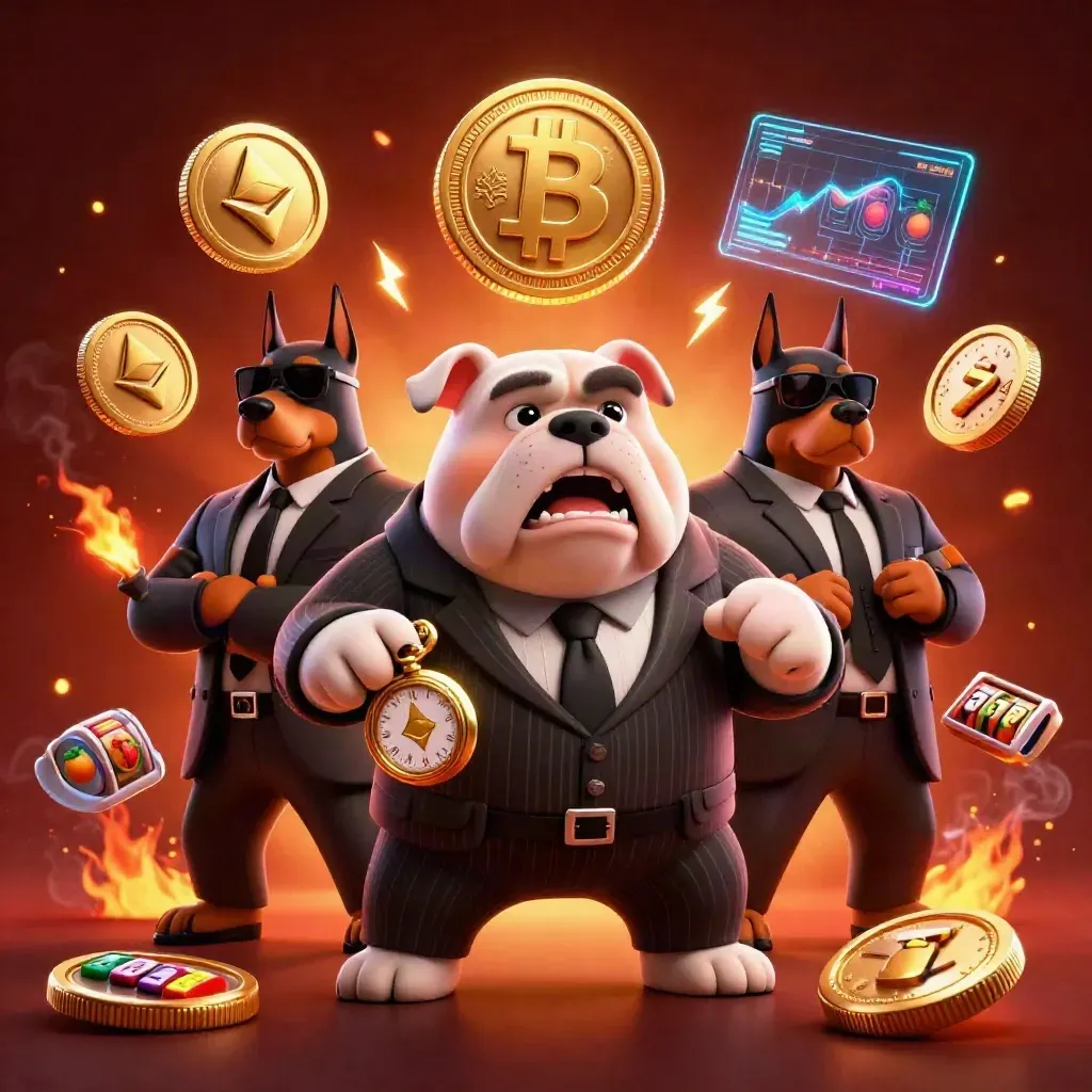 Bulldog boss and two Dobermans amid neon coins, reels, lightning, and ember-lit casino chaos.