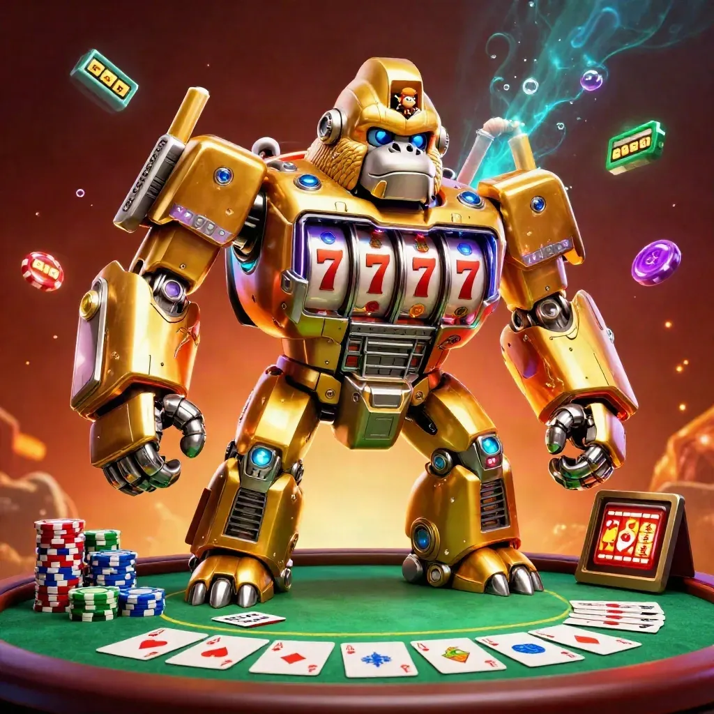 Golden gorilla slot mech with monkey pilot, chips, aces, reels, and casino glow