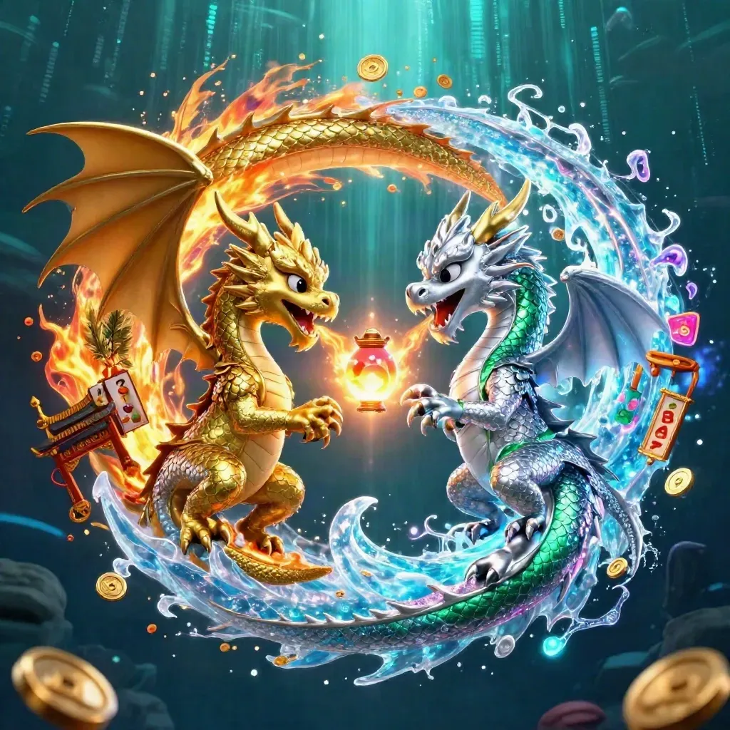 Twin gold and silver dragons spiral in fire and ice amid coins, reels, temple gates, and neon casino magic.
