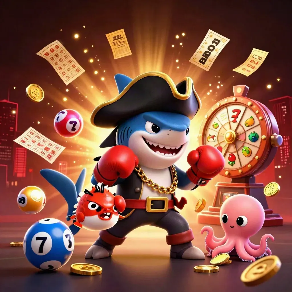 Shark captain, boxing pufferfish, and coin-juggling octopus amid casino loot and neon lights.