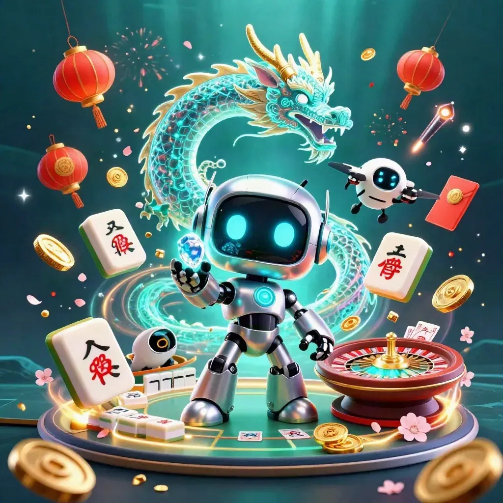 Cyberpunk robot, hologram dragon, and coin drone amid casino rewards and neon effects.