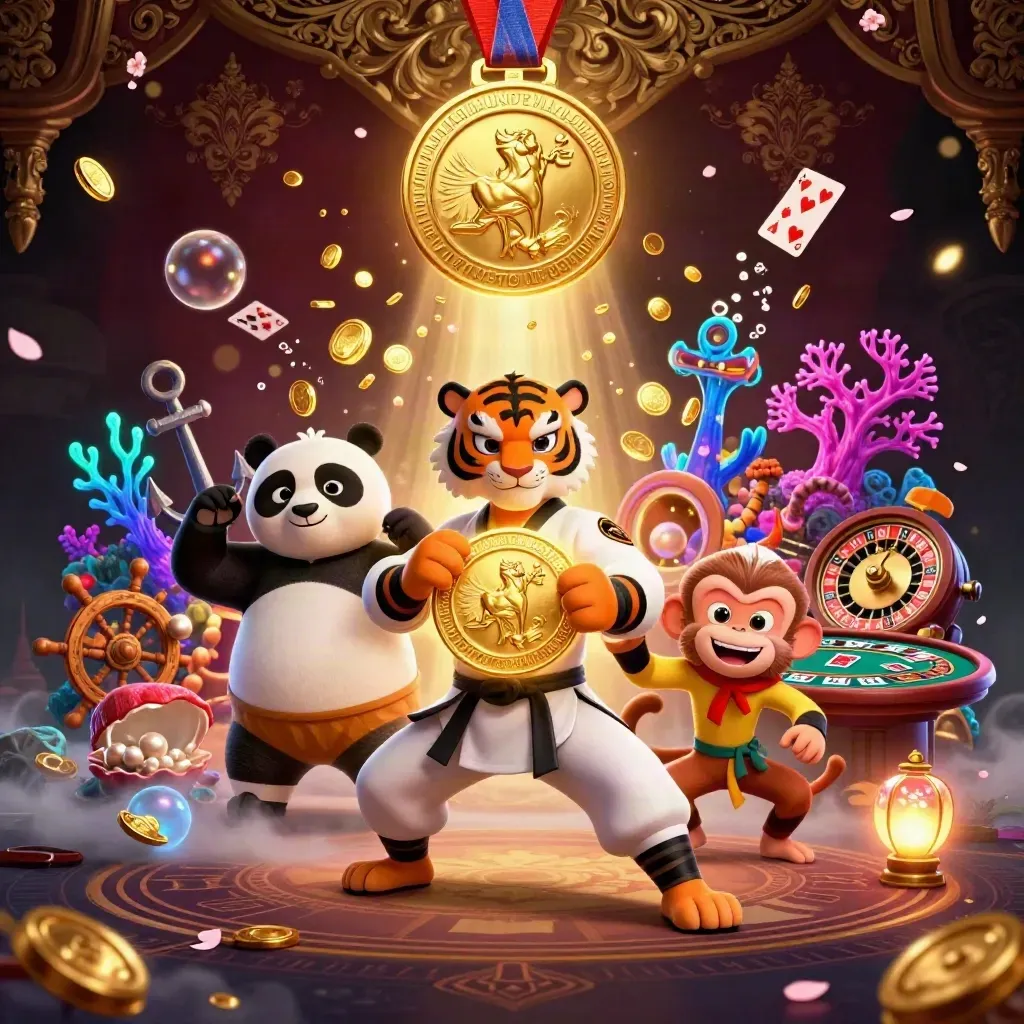 Kung-fu tiger, panda, and monkey around a glowing gold medal in a luxe casino treasure cove.