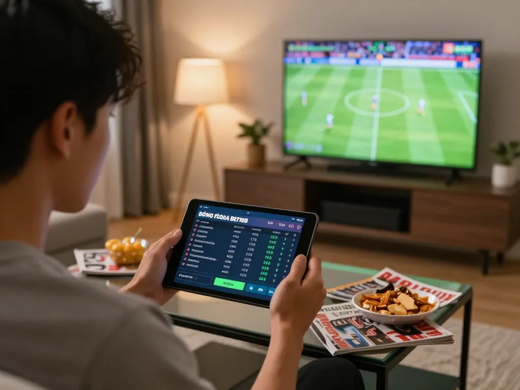Bóng đá Bet168 sports betting excitement captured as a person places bets while watching a live match.