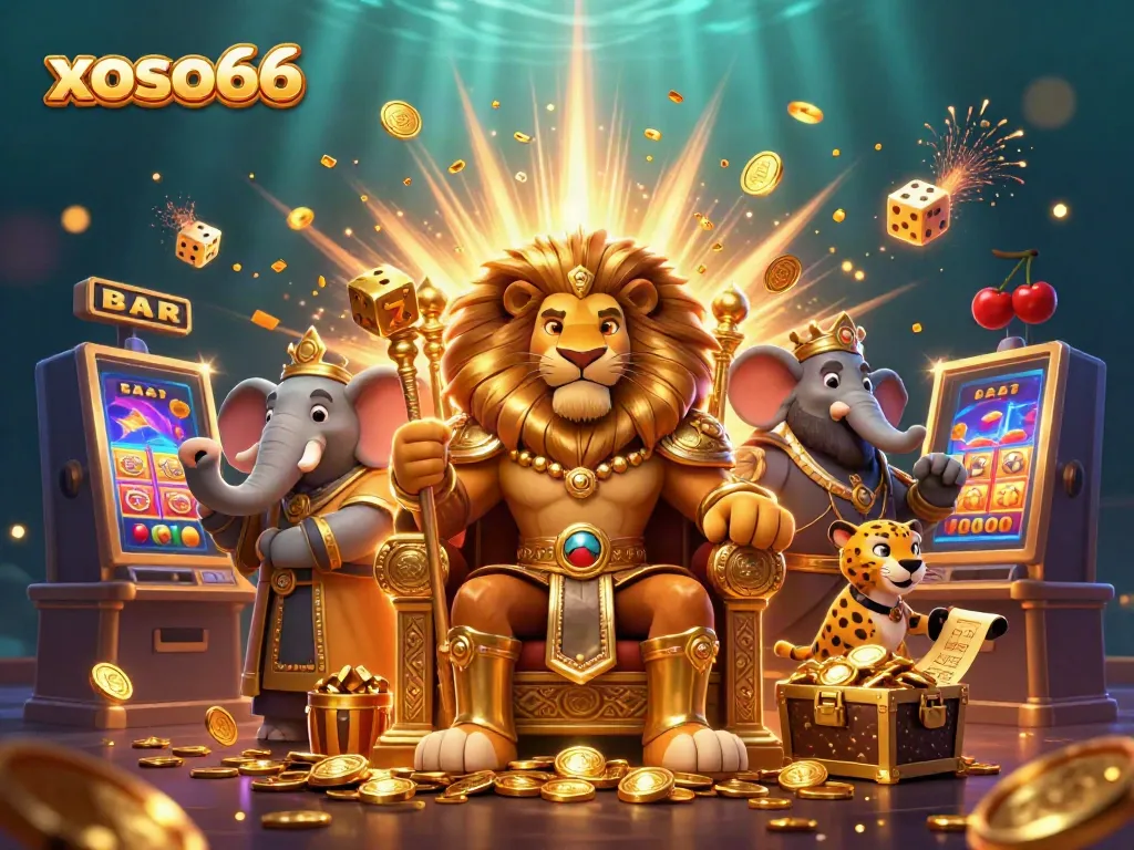 Experience the excitement of xoso66 with a vibrant 3D casino scene showcasing a royal lion king, elephant advisor, and cheetah messenger.