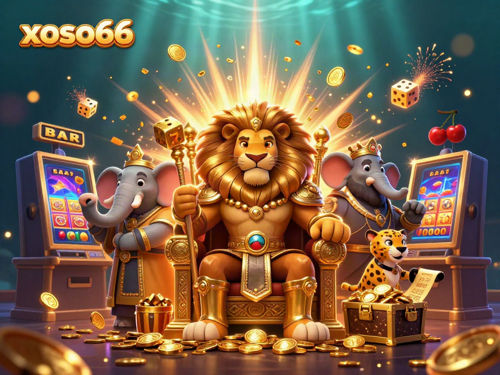 Experience the excitement of xoso66 with a vibrant 3D casino scene showcasing a royal lion king, elephant advisor, and cheetah messenger.