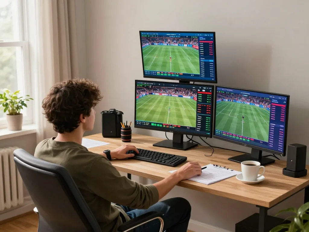 Engaging online sports betting experience showcasing gk88 on multiple screens, with strategic notes and coffee mug.