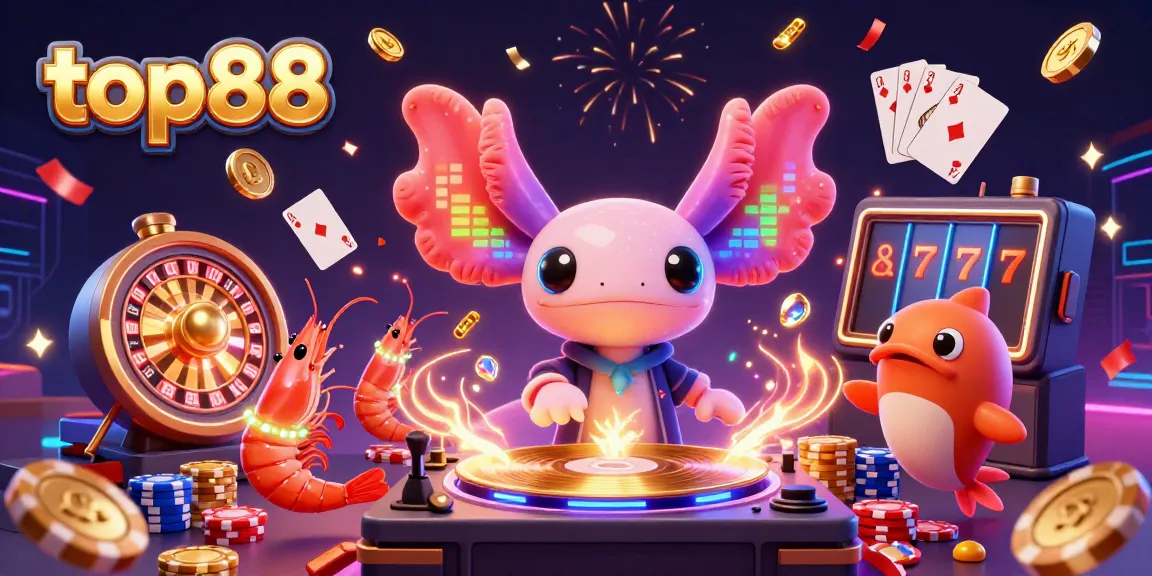 Watch the vibrant top88 casino scene come alive with a neon-colored axolotl DJ and dancing shrimp!