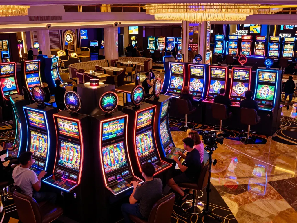 Players enjoying vibrant lc88app slot machines while celebrating small wins in a lively casino.