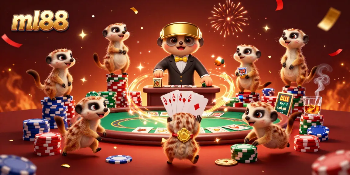 Experience the excitement of ml88's casino with meerkats managing a vibrant gaming scene.