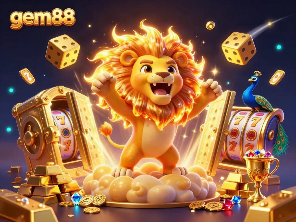 Experience exhilaration with gem88 in this vibrant 3D illustration showcasing golden treasures and exciting gameplay elements.