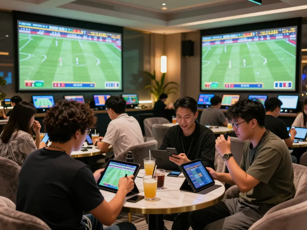 Engaging bettors in a lively sports betting lounge analyzing 7mz scores and matches