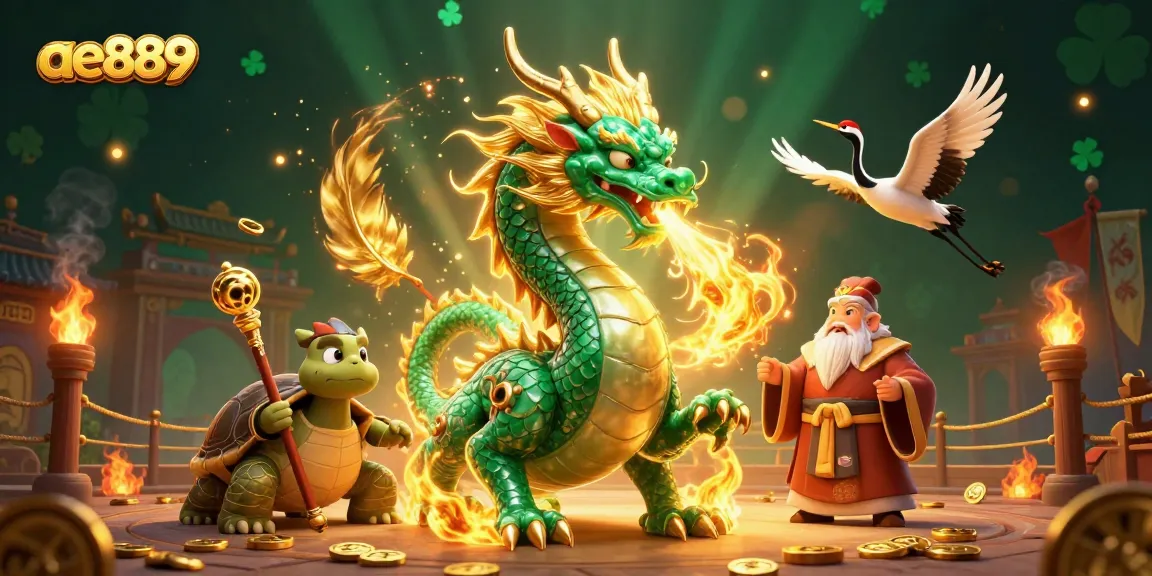 Experience thrilling adventures at ae889 with a majestic dragon, lucky cranes, and cockfighting atmosphere.