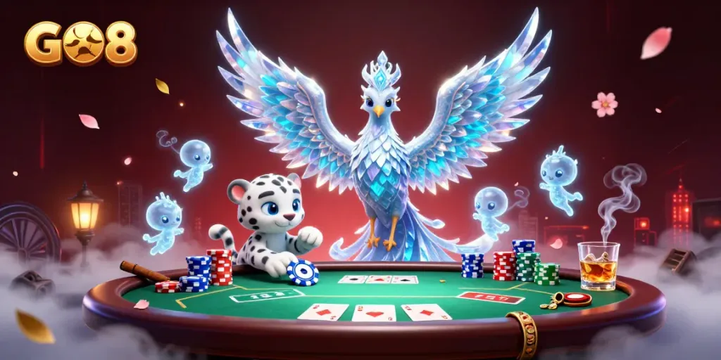 Engage in thrilling GO8 poker action with mystical elements of a phoenix and playful characters.