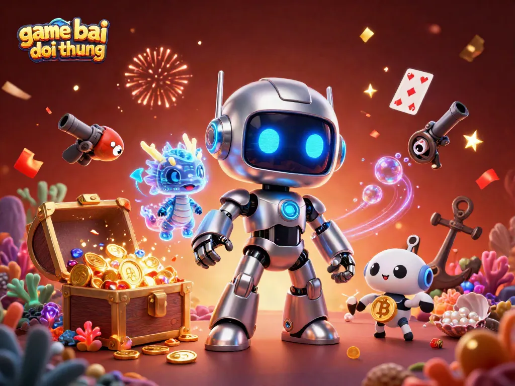 Engage in game bai doi thuong with a vibrant illustration featuring a cyberpunk robot, dragon companion, and treasures.
